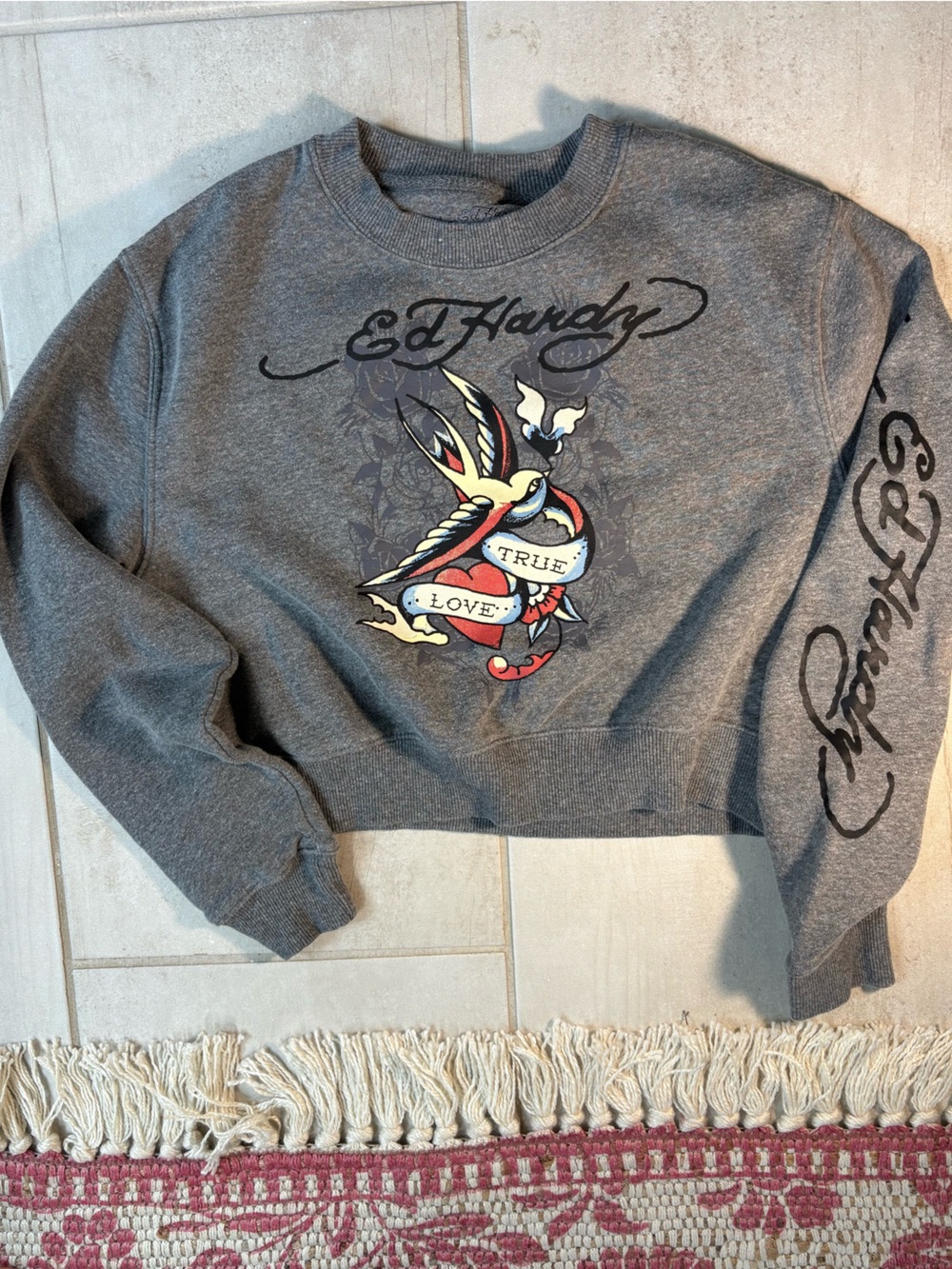 Ed Hardy Gray Crewneck Sweatshirt with Colorful Tattoo Graphic